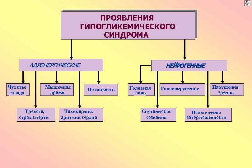 ПРОЯВЛЕНИЯ ГИПОГЛИКЕМИЧЕСКОГО СИНДРОМА АДРЕНЕРГИЧЕСКИЕ Чувство голода Мышечная дрожь Тревога, страх смерти НЕЙРОГЕННЫЕ Потливость Тахикардия,