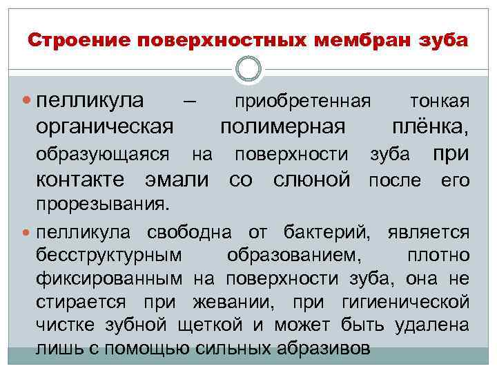 Строение поверхностных мембран зуба пелликула органическая – приобретенная тонкая полимерная плёнка, образующаяся на поверхности