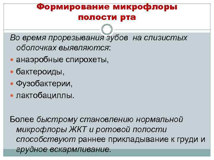 Формирование микрофлоры полости рта Во время прорезывания зубов на слизистых оболочках выявляются: анаэробные спирохеты,