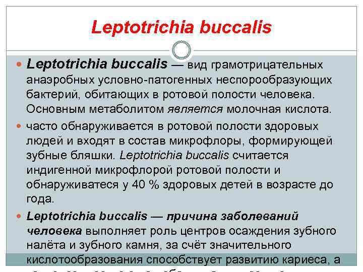 Leptotrichia buccalis — вид грамотрицательных анаэробных условно-патогенных неспорообразующих бактерий, обитающих в ротовой полости человека.