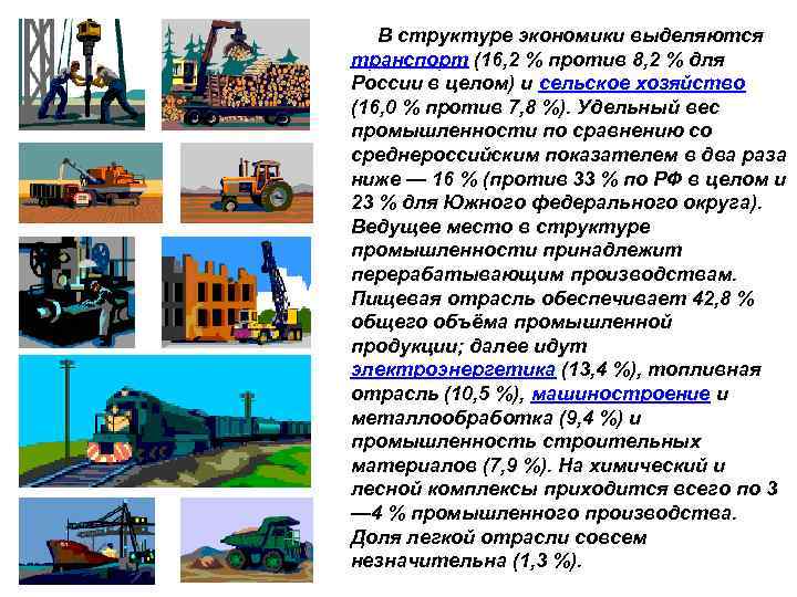  В структуре экономики выделяются транспорт (16, 2 % против 8, 2 % для