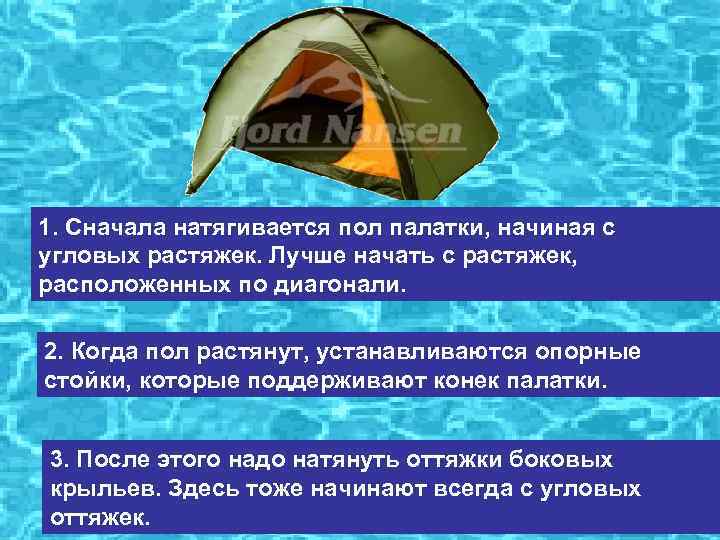 1. Сначала натягивается пол палатки, начиная с угловых растяжек. Лучше начать с растяжек, расположенных
