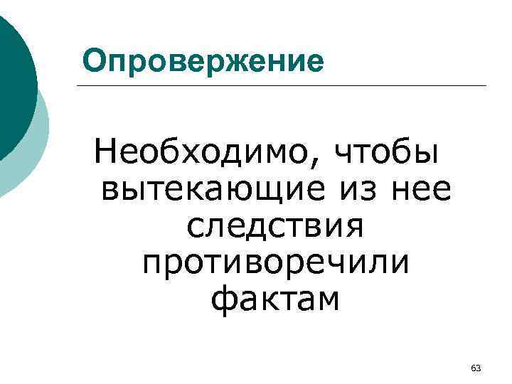 Опровержение Необходимо, чтобы вытекающие из нее следствия противоречили фактам 63 