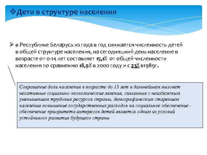 v. Дети в структуре населения Ø в Республике Беларусь из года в год снижается