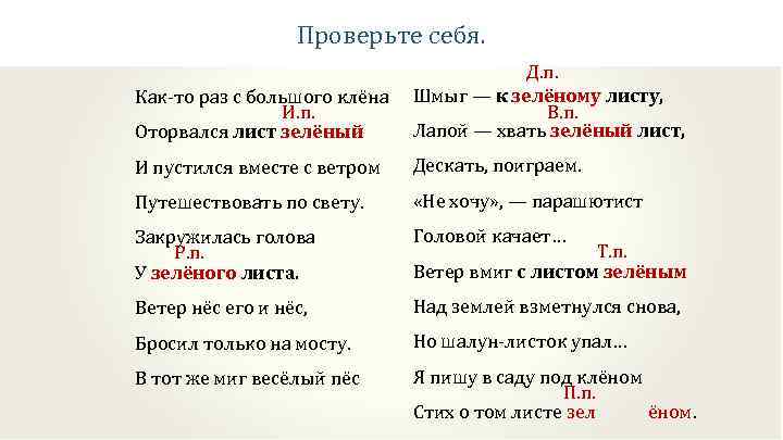 Проверьте себя. Д. п. Как-то раз с большого клёна Шмыг — к зелёному листу,
