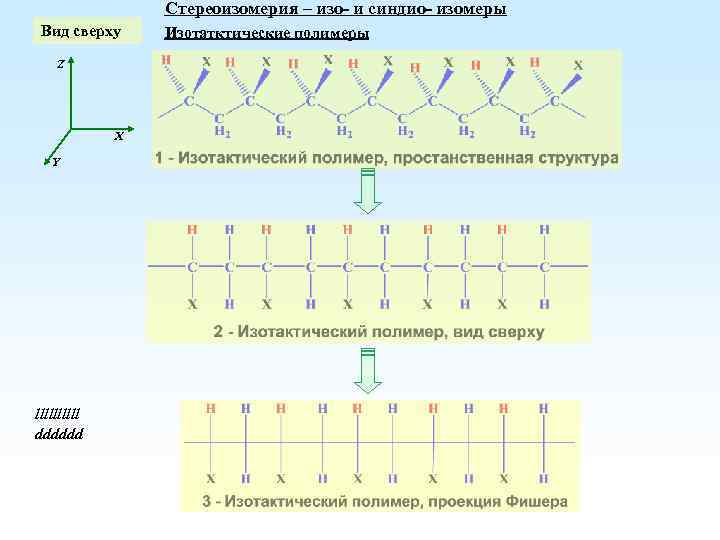 Стереоизомерия – изо- и синдио- изомеры Вид сверху Z X Y lllll dddddd Изотатктические