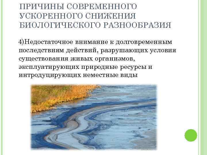 ПРИЧИНЫ СОВРЕМЕННОГО УСКОРЕННОГО СНИЖЕНИЯ БИОЛОГИЧЕСКОГО РАЗНООБРАЗИЯ 4)Недостаточное внимание к долговременным последствиям действий, разрушающих условия