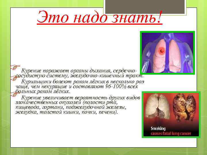 Это надо знать! FКурение поражает желудочно-кишечный тракт. органы дыхания, сердечнососудистую систему, FКурильщики болеют составляют