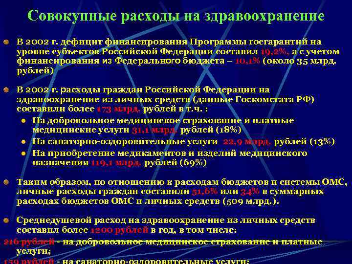Совокупные расходы на здравоохранение В 2002 г. дефицит финансирования Программы госгарантий на уровне субъектов