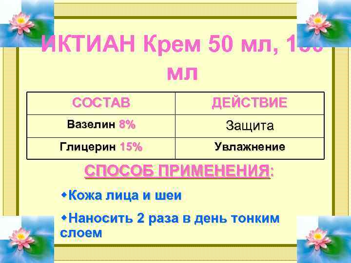 ИКТИАН Крем 50 мл, 150 мл СОСТАВ ДЕЙСТВИЕ Вазелин 8% Защита Глицерин 15% Увлажнение