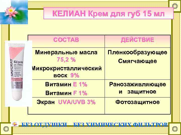 КЕЛИАН Крем для губ 15 мл СОСТАВ ДЕЙСТВИЕ Минеральные масла Пленкообразующее 75, 2 %