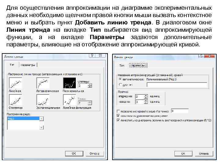 Для осуществления аппроксимации на диаграмме экспериментальных данных необходимо щелчком правой кнопки мыши вызвать контекстное