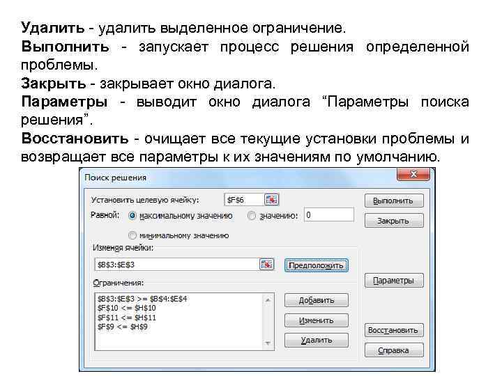 Удалить - удалить выделенное ограничение. Выполнить - запускает процесс решения определенной проблемы. Закрыть -