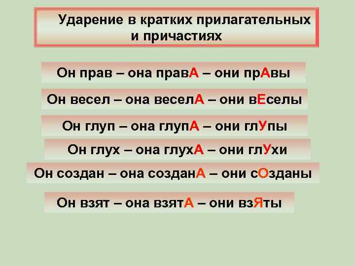 Ударение в кратких прилагательных и причастиях Он прав – она прав. А – они