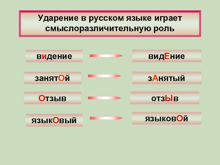 Ударение в русском языке играет смыслоразличительную роль видение вид. Ение занят. Ой з. Анятый