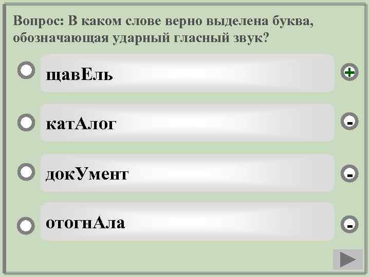 Вопрос: В каком слове верно выделена буква, обозначающая ударный гласный звук? щав. Ель +