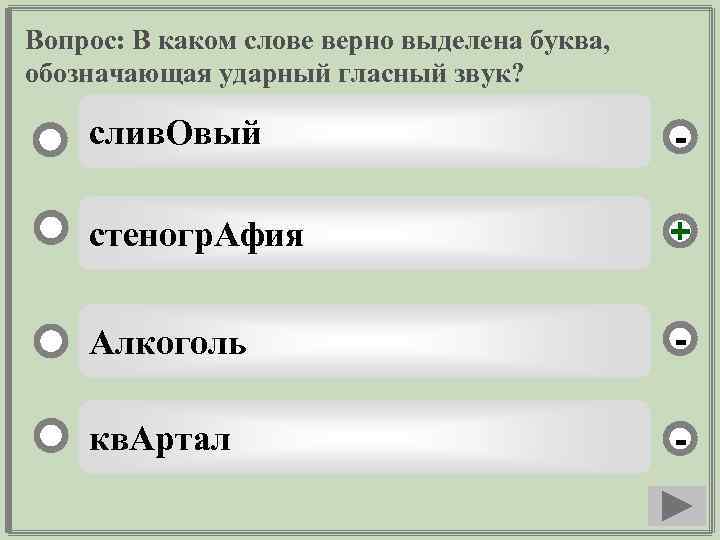 Вопрос: В каком слове верно выделена буква, обозначающая ударный гласный звук? слив. Овый -