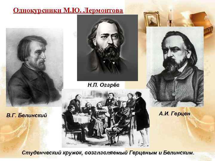 Однокурсники М. Ю. Лермонтова Н. П. Огарёв В. Г. Белинский А. И. Герцен Студенческий