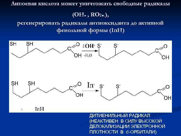 Липоевая кислота может уничтожать свободные радикалы . (ОН. , RO 2. ), регенерировать радикалы