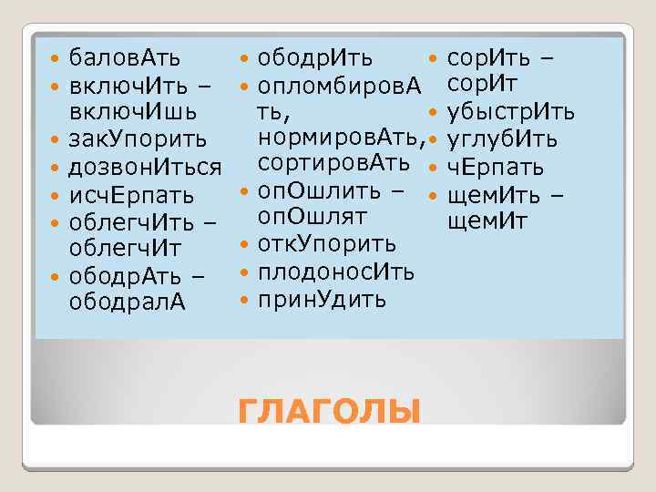  балов. Ать включ. Ить – включ. Ишь зак. Упорить дозвон. Иться исч. Ерпать