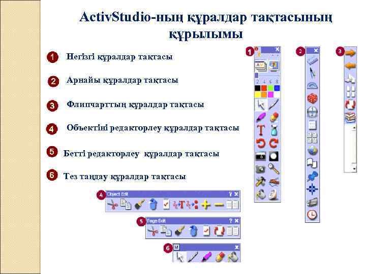 Аctiv. Studio-ның құралдар тақтасының құрылымы Негізгі құралдар тақтасы Арнайы құралдар тақтасы Флипчарттың құралдар тақтасы