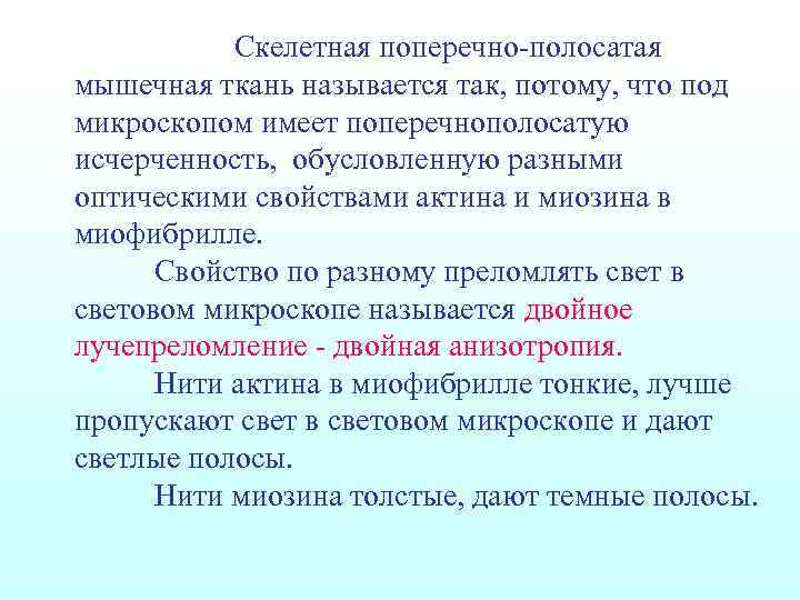 Скелетная поперечно-полосатая мышечная ткань называется так, потому, что под микроскопом имеет поперечнополосатую исчерченность, обусловленную