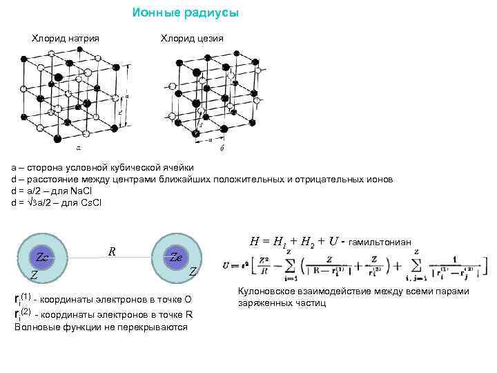 Ионные радиусы Хлорид натрия Хлорид цезия a – сторона условной кубической ячейки d –