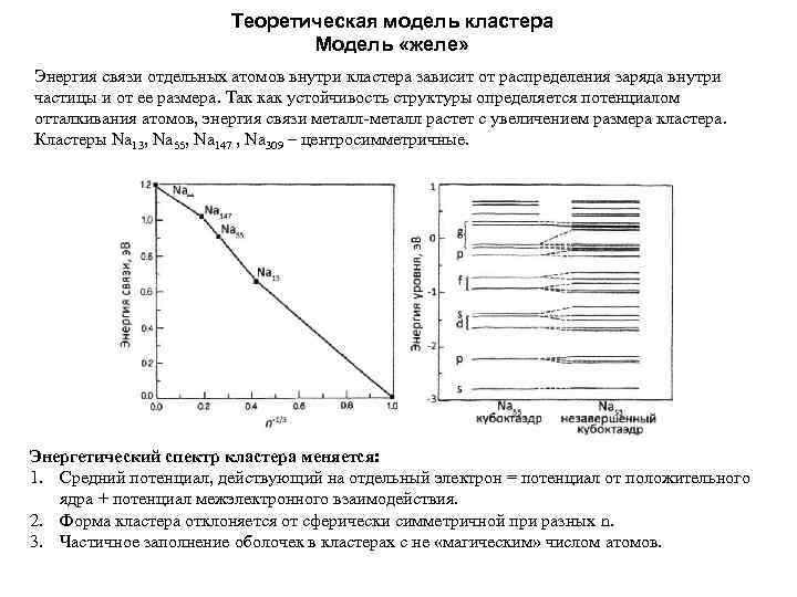 Теоретическая модель кластера Модель «желе» Энергия связи отдельных атомов внутри кластера зависит от распределения