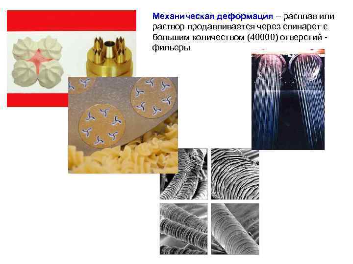 Механическая деформация – расплав или раствор продавливается через спинарет с большим количеством (40000) отверстий