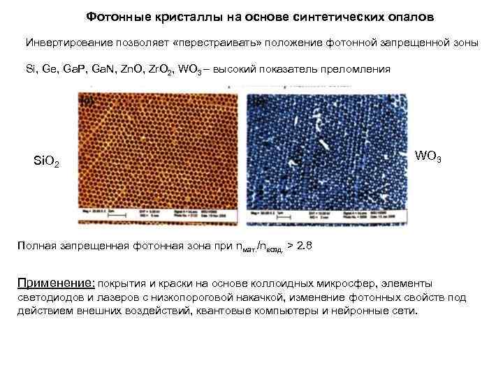 Фотонные кристаллы на основе синтетических опалов Инвертирование позволяет «перестраивать» положение фотонной запрещенной зоны Si,