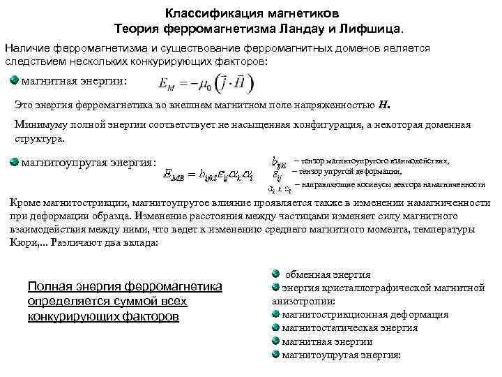 Классификация магнетиков Теория ферромагнетизма Ландау и Лифшица. Наличие ферромагнетизма и существование ферромагнитных доменов является