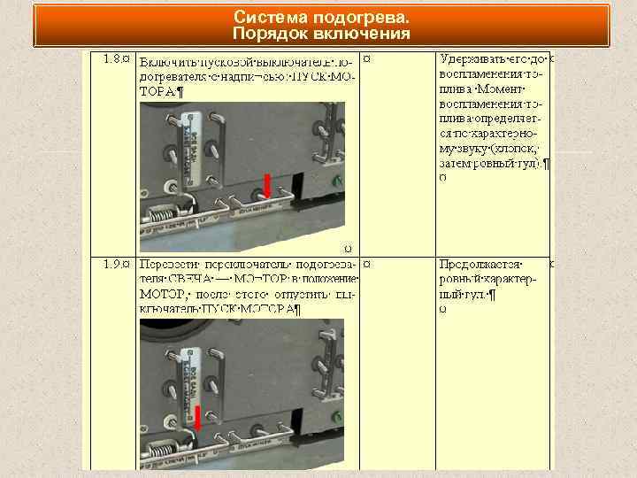 Система подогрева. Порядок включения 