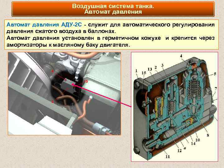 Воздушная система танка. Автомат давления АДУ-2 С - служит для автоматического регулирования давления сжатого