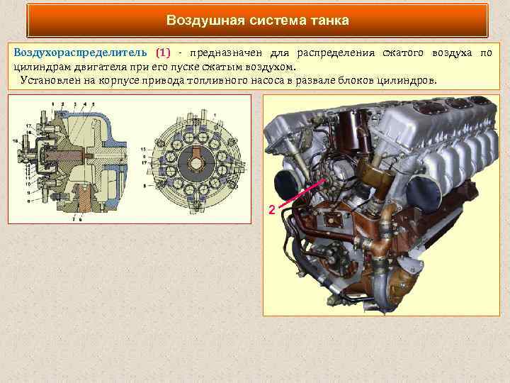 Воздушная система танка Воздухораспределитель (1) - предназначен для распределения сжатого воздуха по цилиндрам двигателя