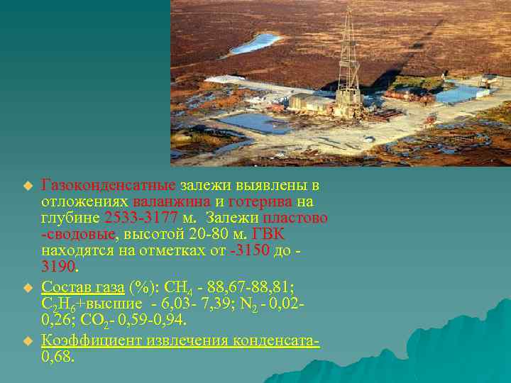 u u u Газоконденсатные залежи выявлены в отложениях валанжина и готерива на глубине 2533