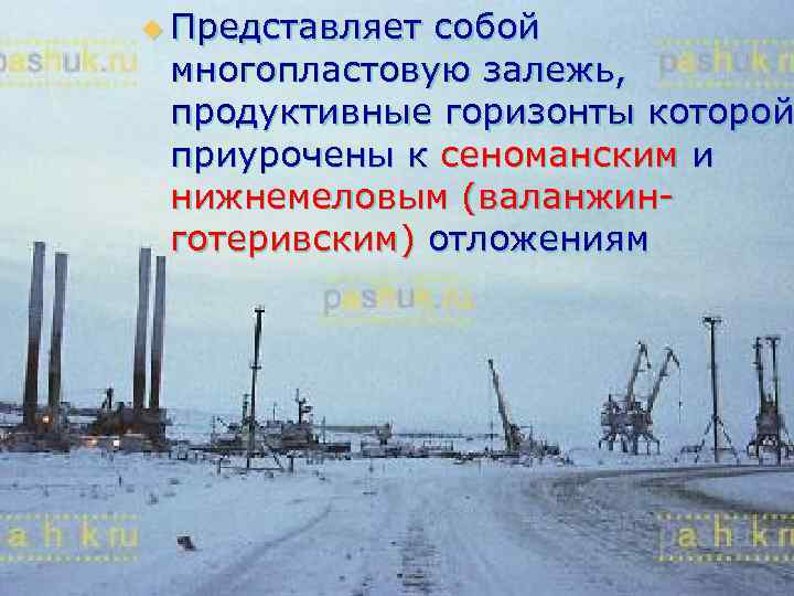 u Представляет собой многопластовую залежь, продуктивные горизонты которой приурочены к сеноманским и нижнемеловым (валанжинготеривским)