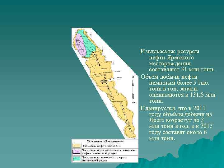 Извлекаемые ресурсы нефти Ярегского месторождения составляют 31 млн тонн. Объём добычи нефти немногим более