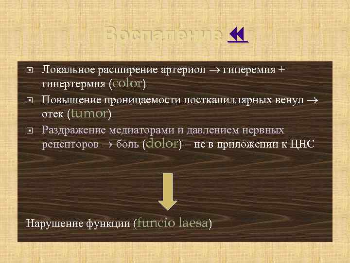 Воспаление Локальное расширение артериол гиперемия + гипертермия (color) Повышение проницаемости посткапиллярных венул отек (tumor)