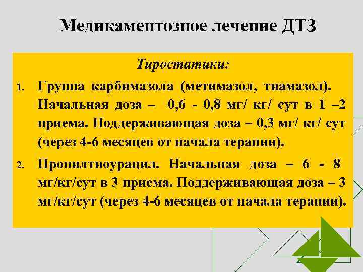 Медикаментозное лечение ДТЗ Тиростатики: 1. Группа карбимазола (метимазол, тиамазол). Начальная доза – 0, 6