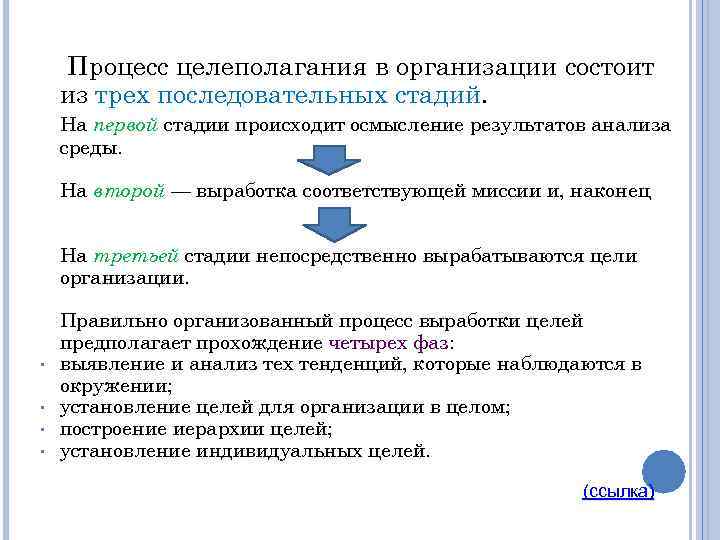 Процесс целеполагания в организации состоит из трех последовательных стадий. На первой стадии происходит осмысление