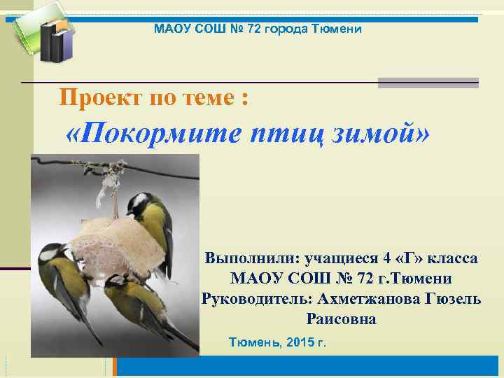 МАОУ СОШ № 72 города Тюмени Проект по теме : «Покормите птиц зимой» Выполнили: