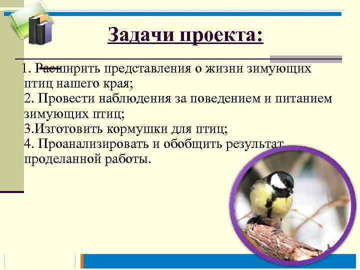 Задачи проекта: 1. Расширить представления о жизни зимующих птиц нашего края; 2. Провести наблюдения