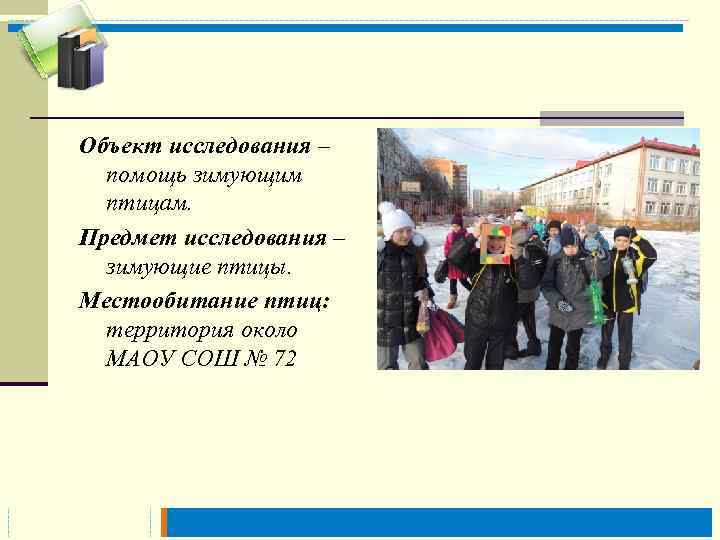 Объект исследования – помощь зимующим птицам. Предмет исследования – зимующие птицы. Местообитание птиц: территория