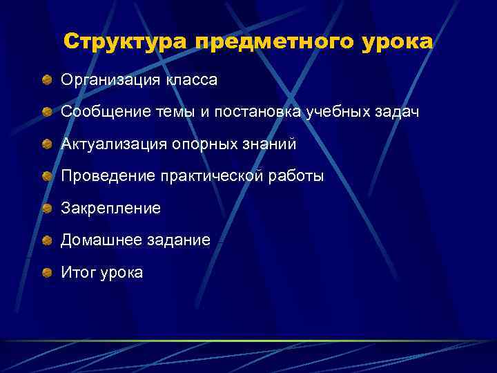 Структура предметного урока Организация класса Сообщение темы и постановка учебных задач Актуализация опорных знаний