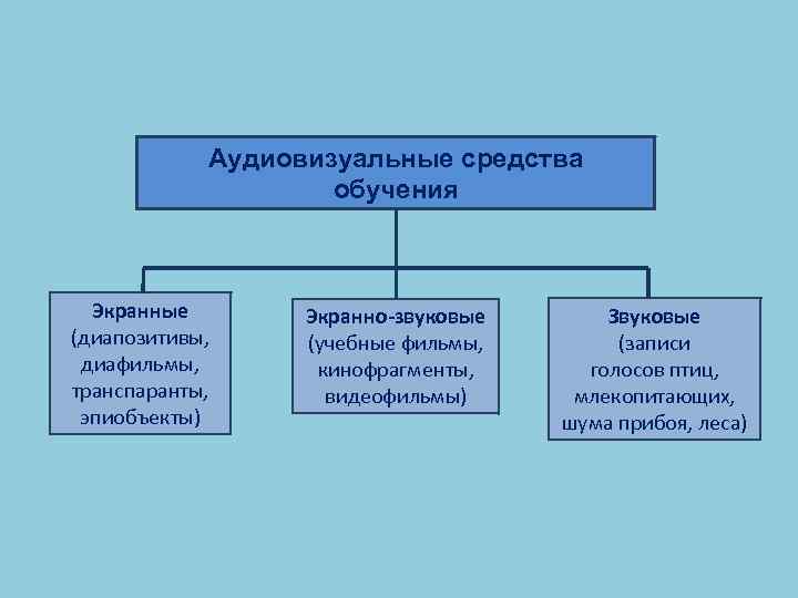 Аудиовизуальные средства обучения Экранные (диапозитивы, диафильмы, транспаранты, эпиобъекты) Экранно-звуковые (учебные фильмы, кинофрагменты, видеофильмы) Звуковые