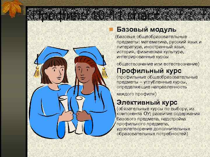 Профиль 10 -11 класс n Базовый модуль (базовые общеобразовательные предметы: математика, русский язык и