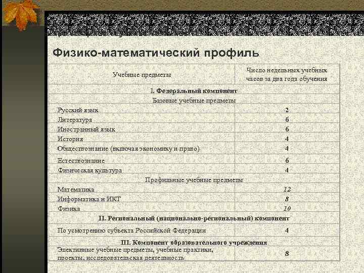 Примерный учебный план Физико-математический профиль Учебные предметы Число недельных учебных часов за два года