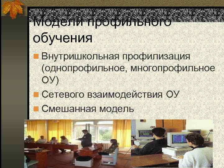 Модели профильного обучения n Внутришкольная профилизация (однопрофильное, многопрофильное ОУ) n Сетевого взаимодействия ОУ n