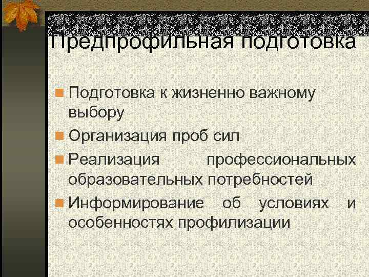Предпрофильная подготовка n Подготовка к жизненно важному выбору n Организация проб сил n Реализация