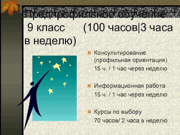 Предпрофильное обучение 9 класс (100 часов|3 часа в неделю) n Консультирование (профильная ориентация) 15